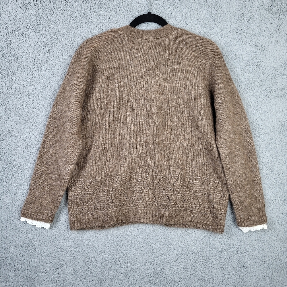 Sezane Charles Jumper Cardigan lace cuffs Sweater Brown Size S - Picture 4 of 13